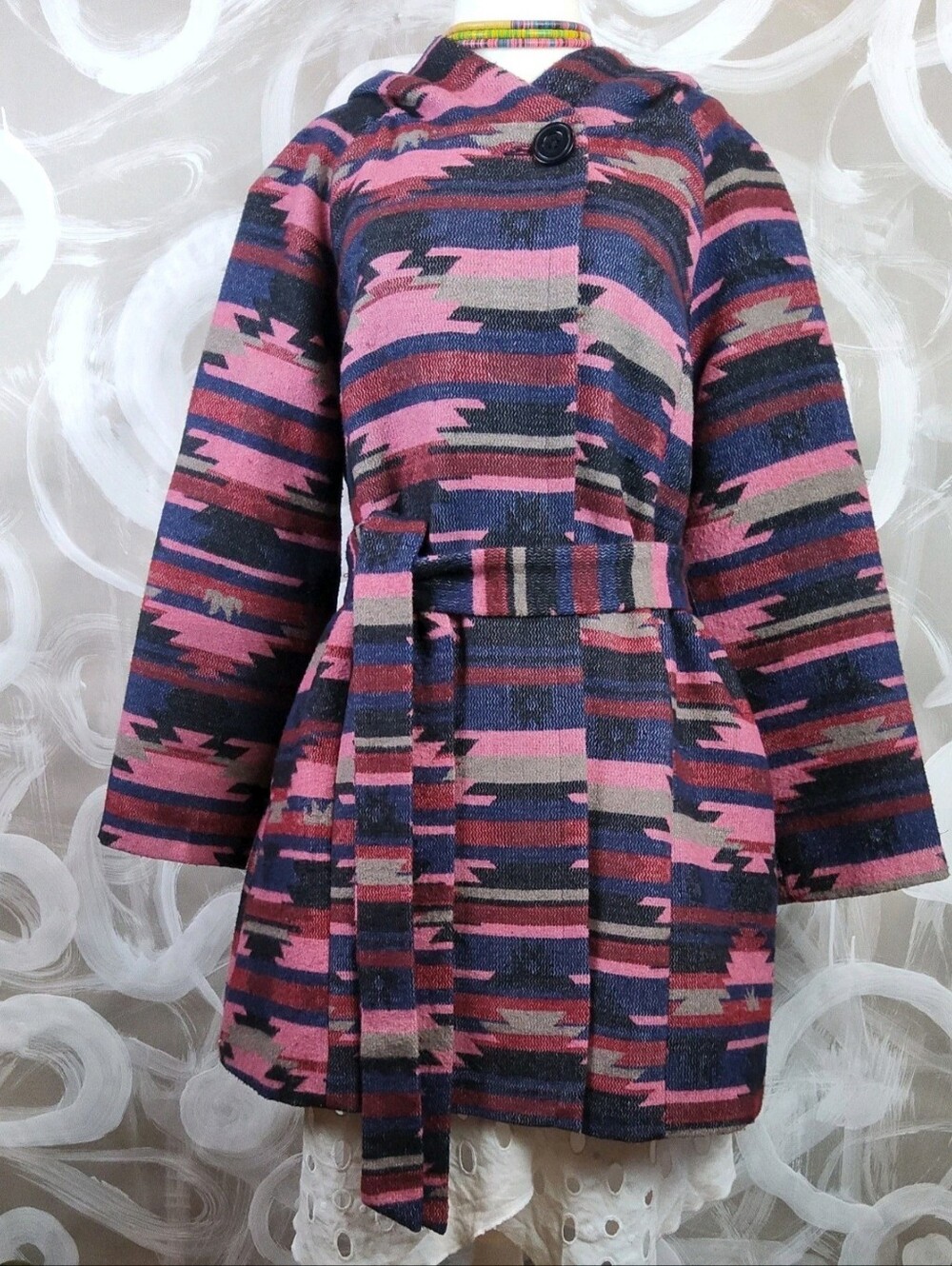 ANTHROPOLOGIE Tabitha Wmn L Pink Blu Blk Grey Aztec Wool Blnd Belt Hood Jacket